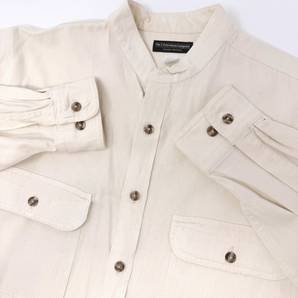 J Peterman Company Mens Medium Banded‎ Collar Cotton Twill Shirt Made in USA